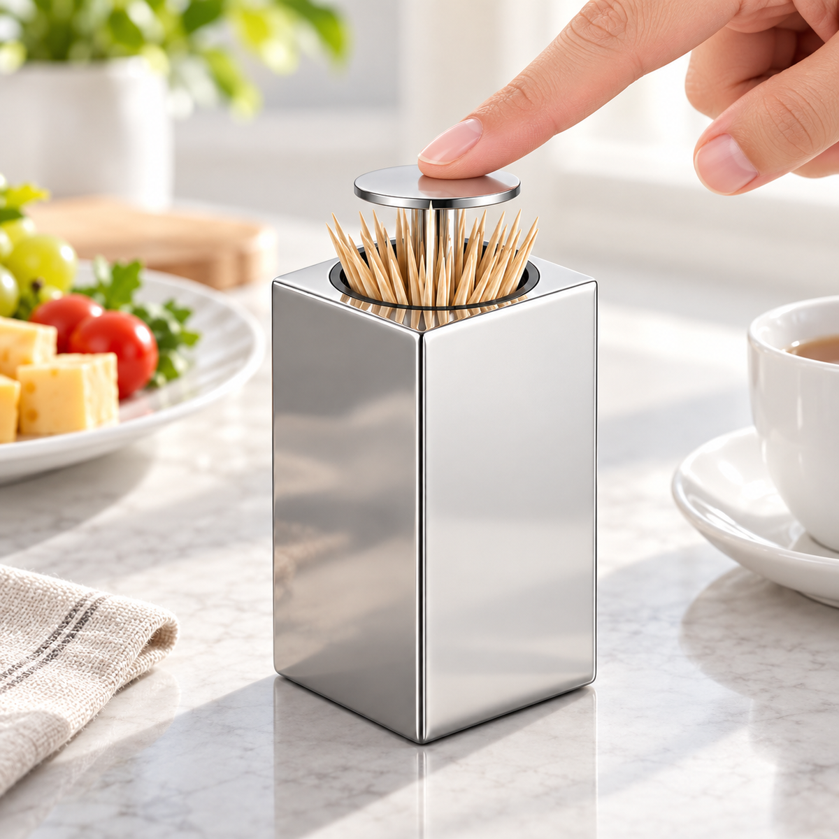 Dispensador automático de palitos com botão de pressão e suporte compacto