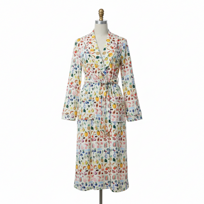 Badekåbe med blomstertryk, flannel, sjalskrave, bindebånd i taljen