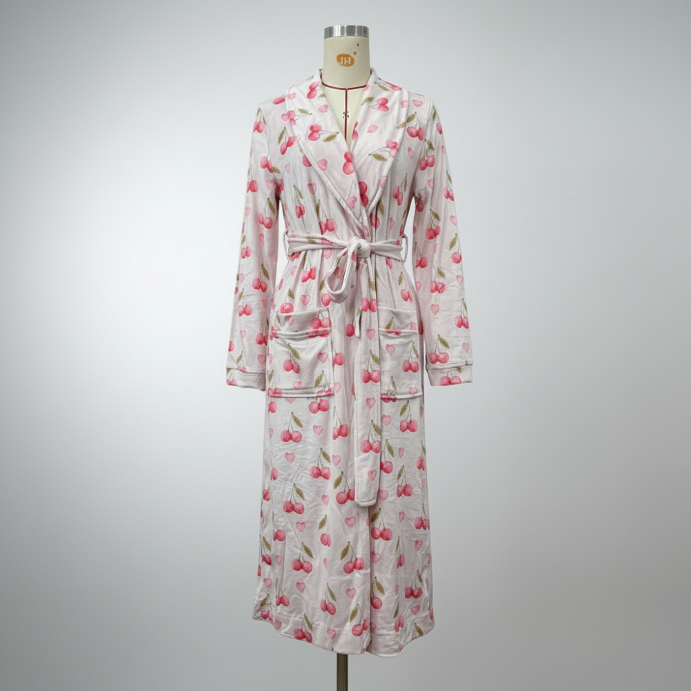 Badekåbe med blomstertryk, flannel, sjalskrave, bindebånd i taljen