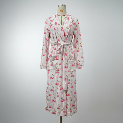 Badekåbe med blomstertryk, flannel, sjalskrave, bindebånd i taljen