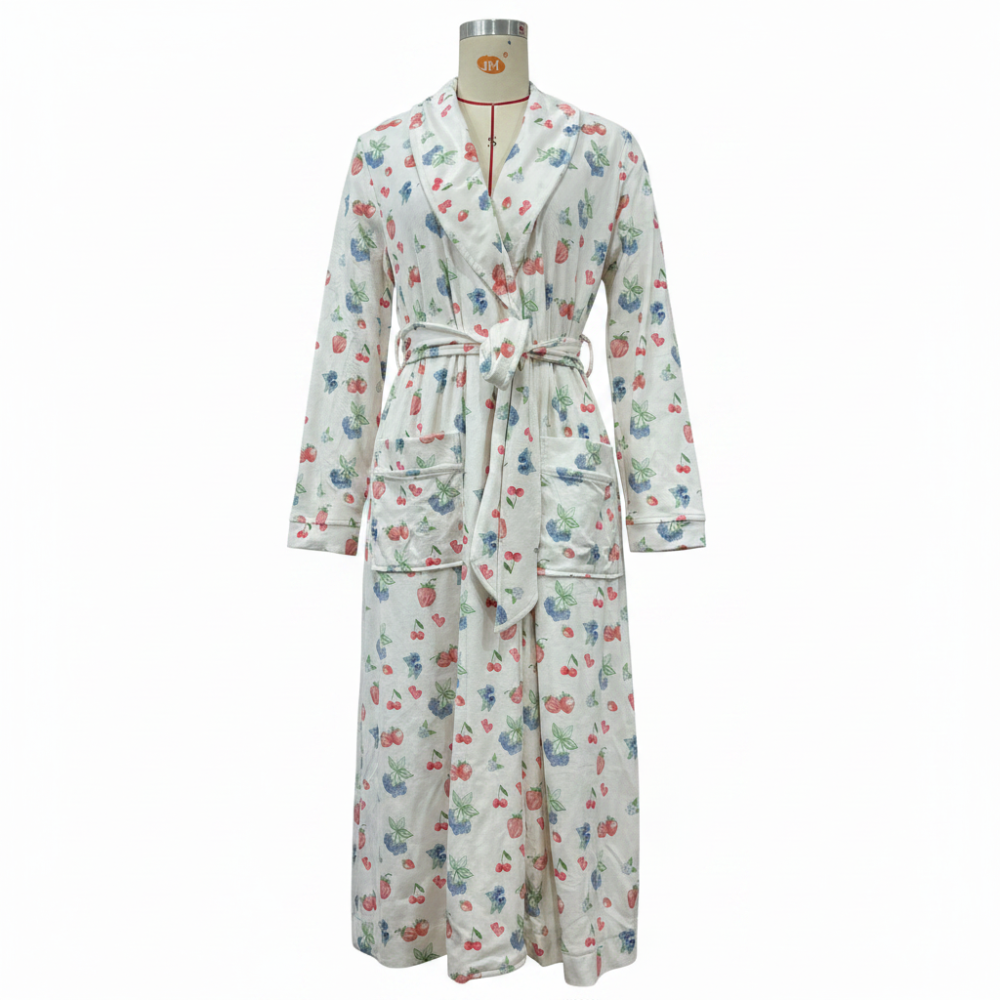 Badekåbe med blomstertryk, flannel, sjalskrave, bindebånd i taljen