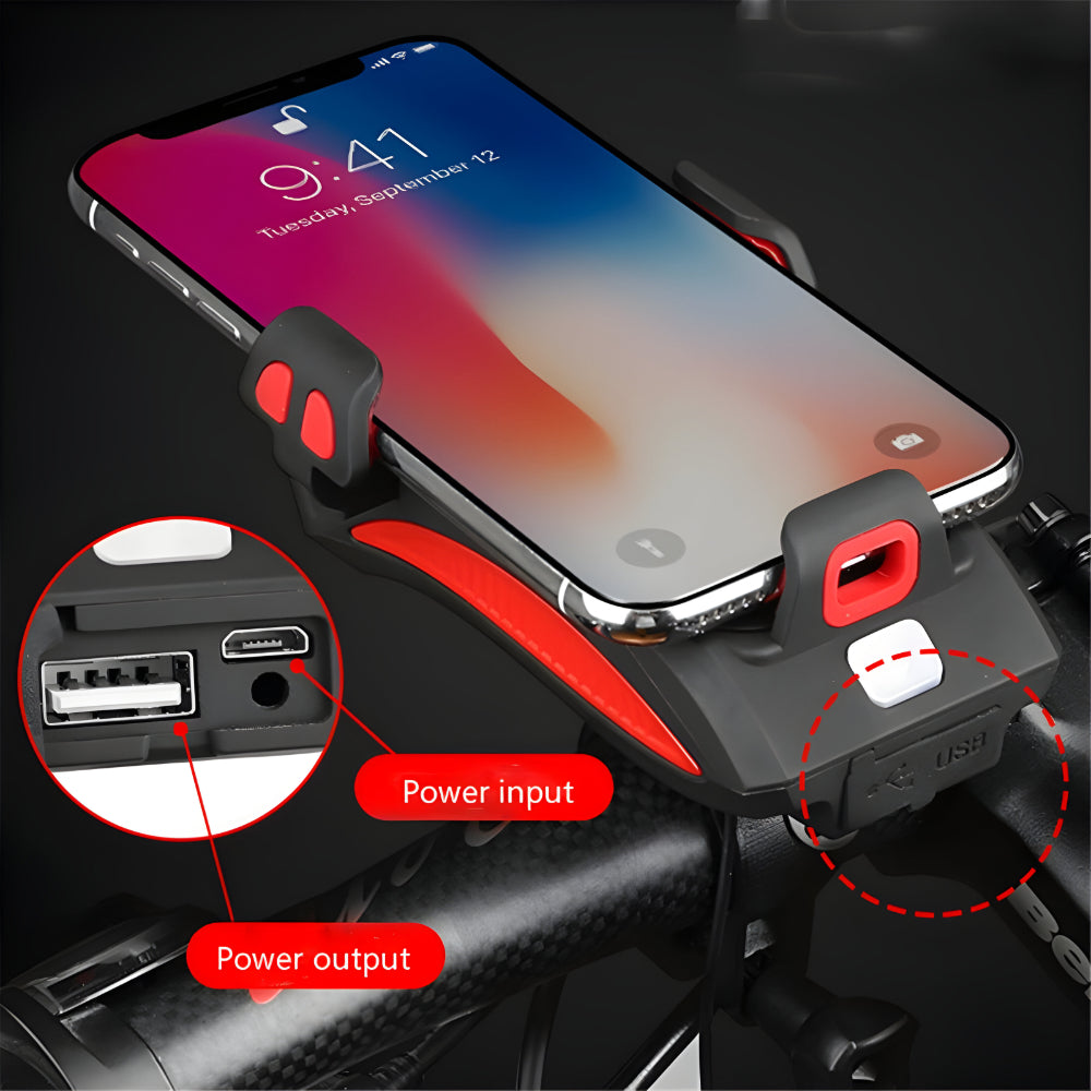 Accesorio combinado de luz para bicicleta, soporte para teléfono, batería portátil y bocina