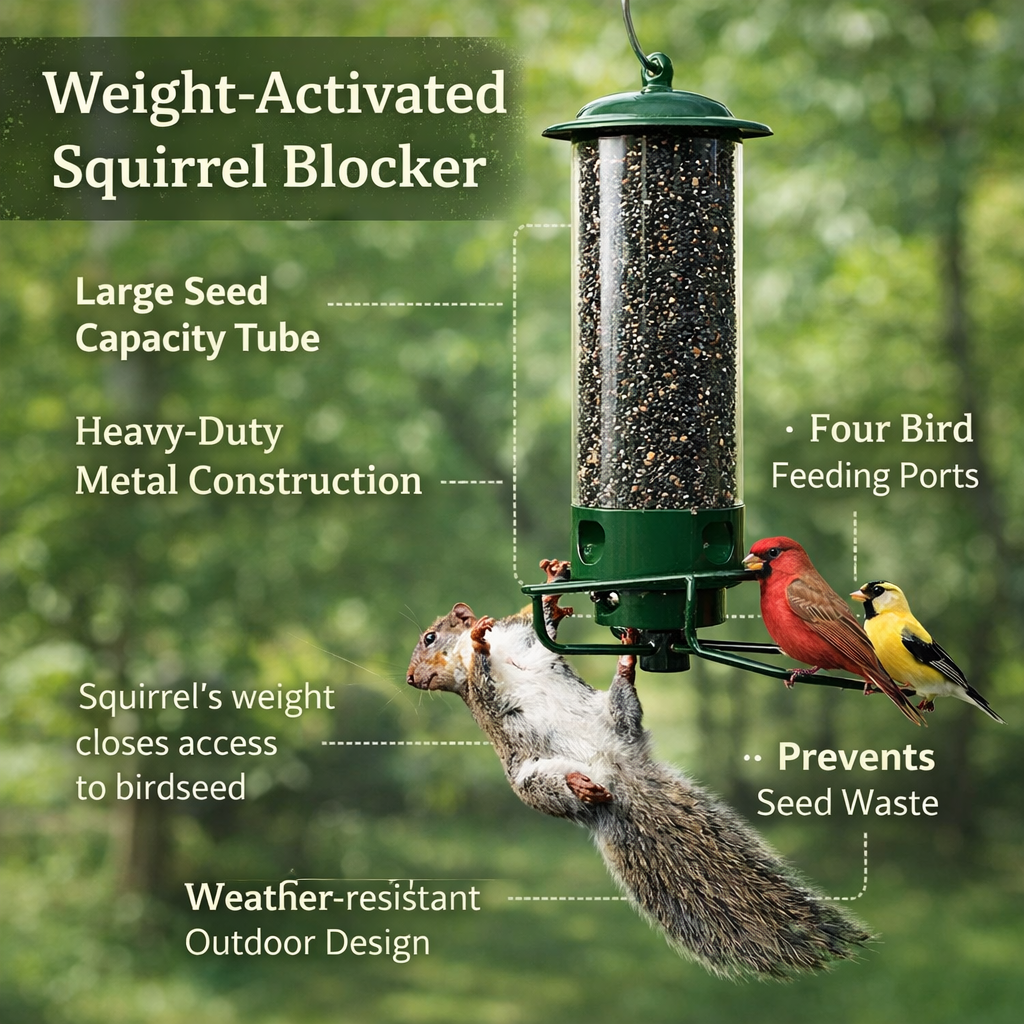 Comedero para Pájaros de Metal a Prueba de Ardillas Colgante para Exterior y Jardín en Tubo