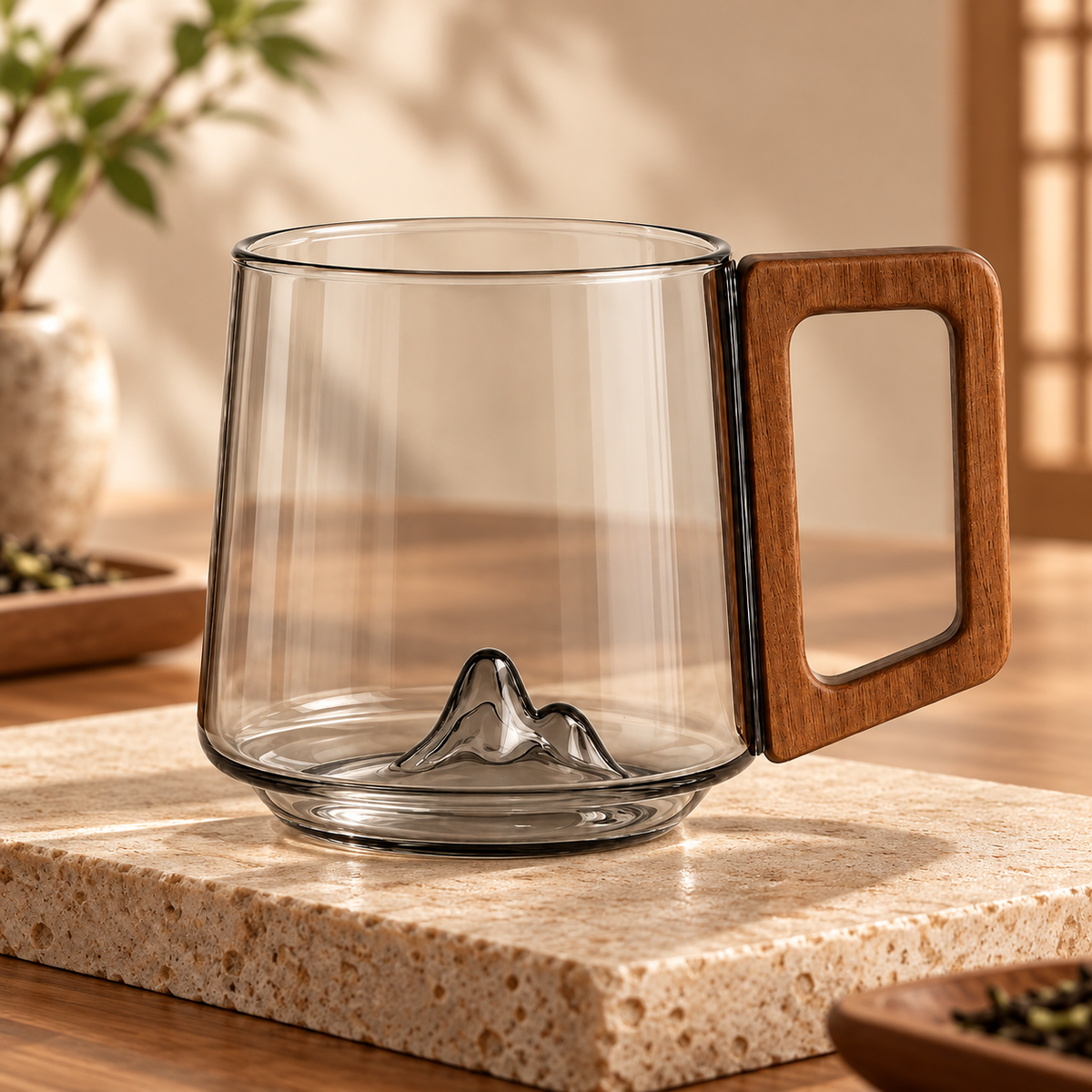 Tazza in vetro borosilicato con design a montagna e manico trasparente