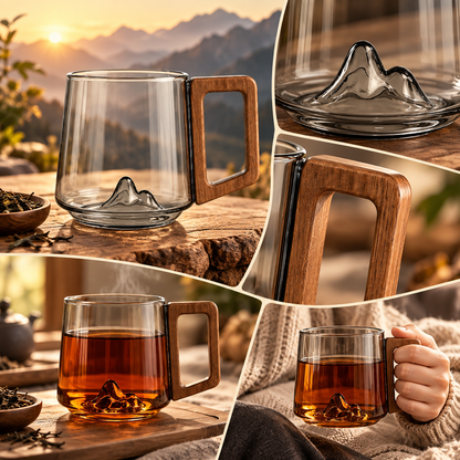 Tazza in vetro borosilicato con design a montagna e manico trasparente