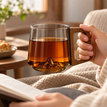 Tazza in vetro borosilicato con design a montagna e manico trasparente