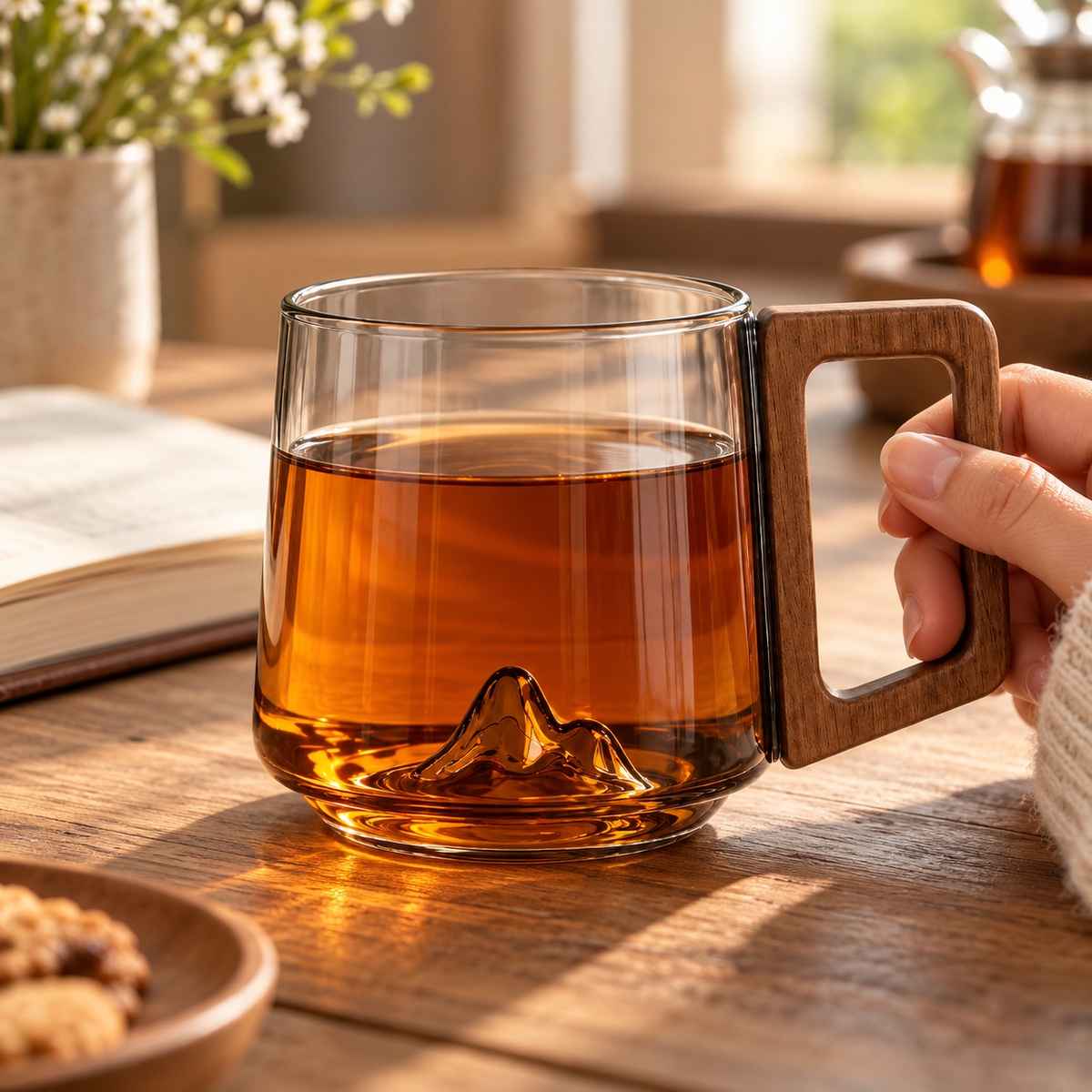 Tazza in vetro borosilicato con design a montagna e manico trasparente