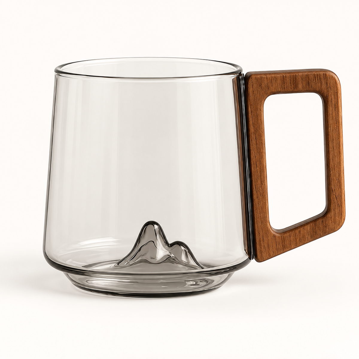 Tazza in vetro borosilicato con design a montagna e manico trasparente