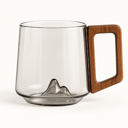 Tazza in vetro borosilicato con design a montagna e manico trasparente