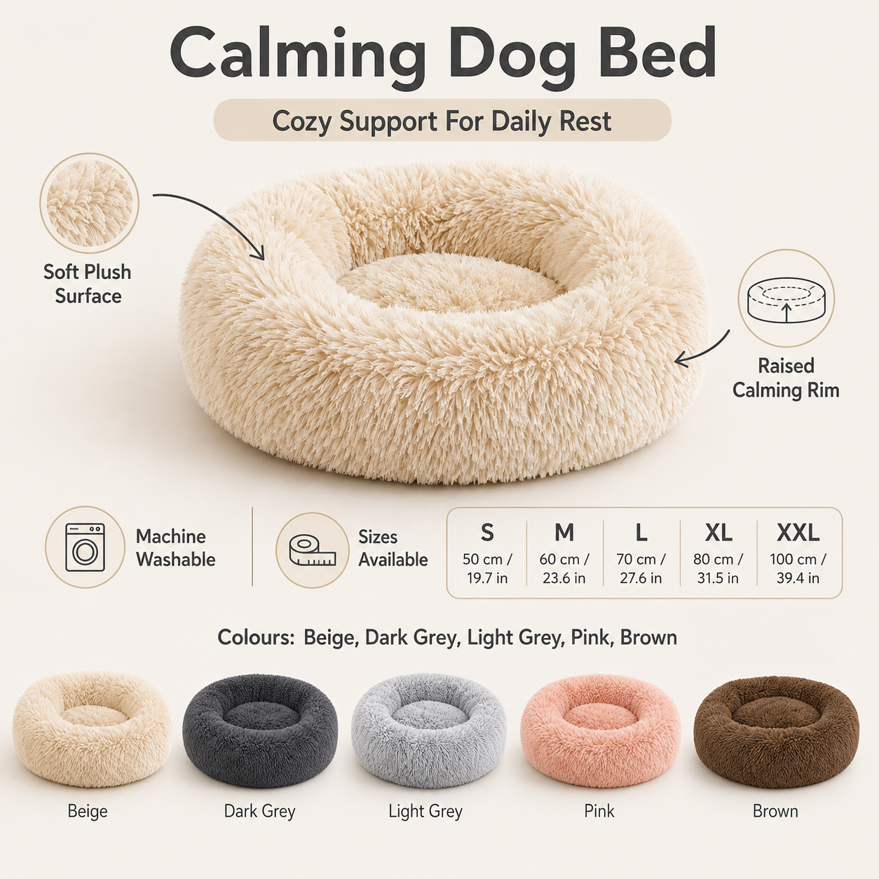 Calming Dog Bed Plush Machine Washable Cozy Design