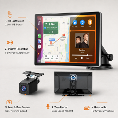 Adaptador para Carro Ecrã Tátil Sem Fios CarPlay Android Auto