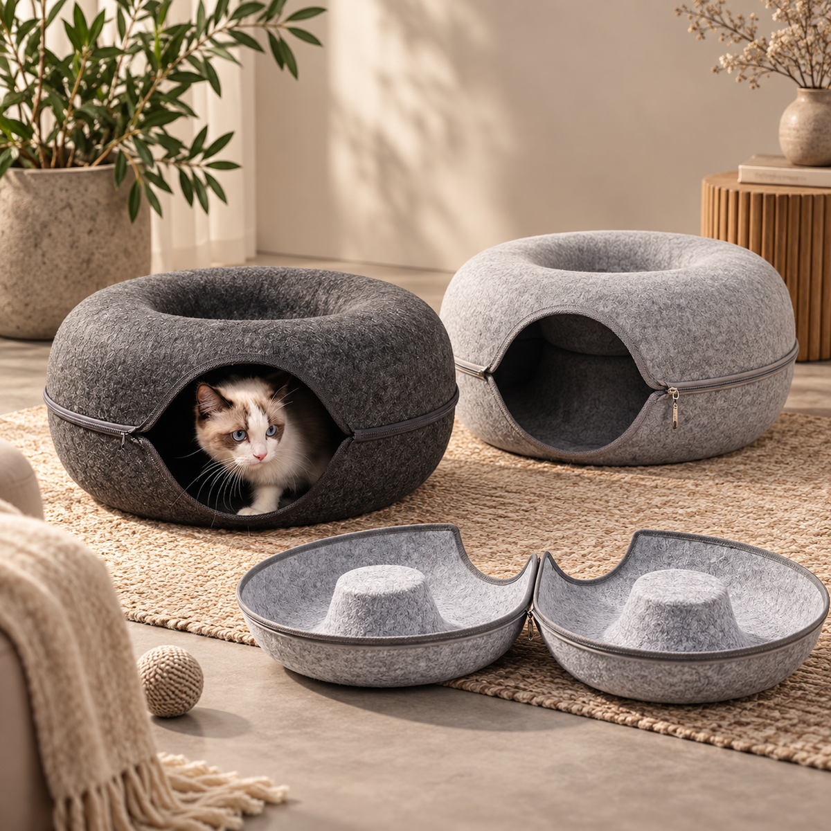 Cama-caverna para gatos em forma de donut, confortável, com capuz e ninho fechado para animais de estimação