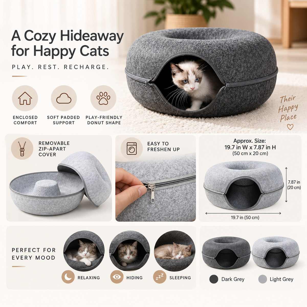 Cama-caverna para gatos em forma de donut, confortável, com capuz e ninho fechado para animais de estimação