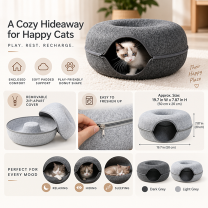 Cama-caverna para gatos em forma de donut, confortável, com capuz e ninho fechado para animais de estimação
