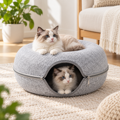 Cama-caverna para gatos em forma de donut, confortável, com capuz e ninho fechado para animais de estimação