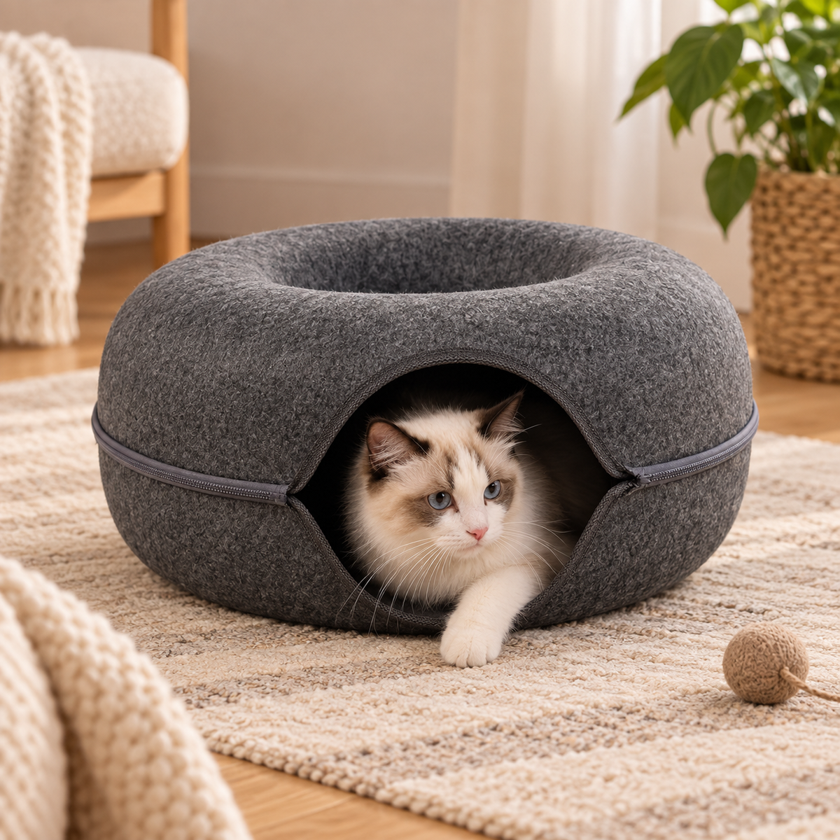 Cama-caverna para gatos em forma de donut, confortável, com capuz e ninho fechado para animais de estimação