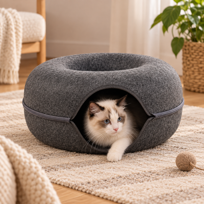 Cama-caverna para gatos em forma de donut, confortável, com capuz e ninho fechado para animais de estimação