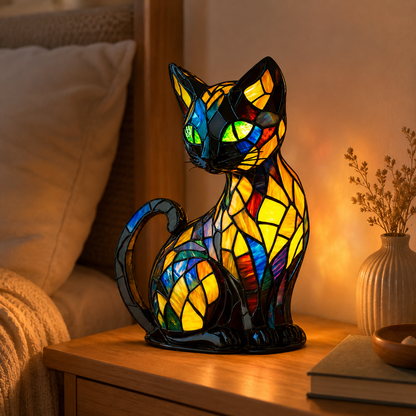 Kattenatlampe i farvet glas med unik buet fod