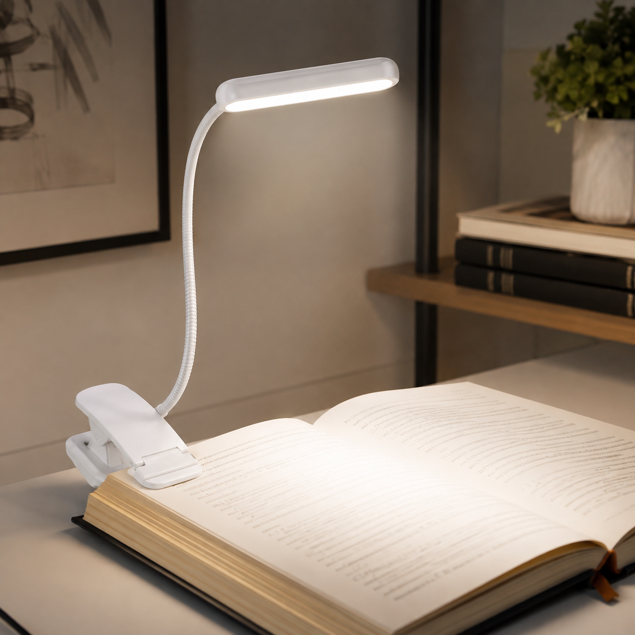 Klemmelæselampe USB-genopladelig LED med fleksibel hals