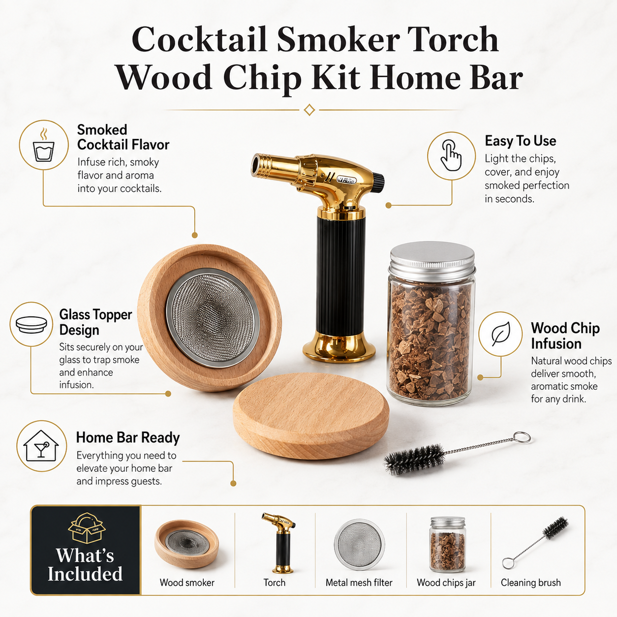 Kit di fiammifero per cocktail, torcia e trucioli di legno per il bar di casa