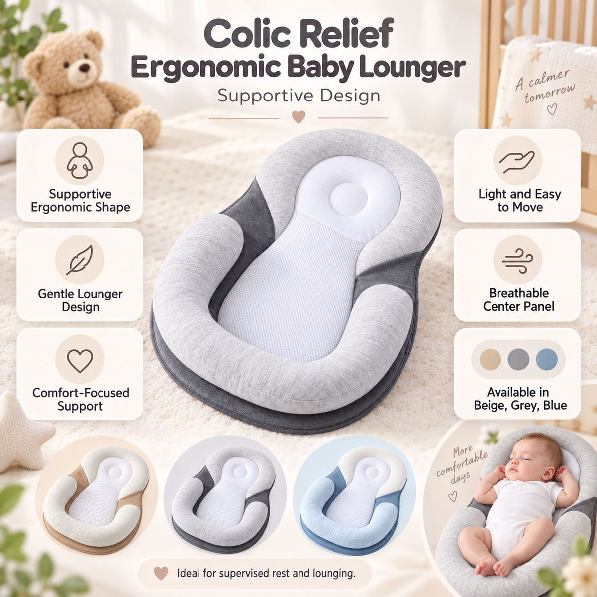 Cuscino ergonomico per neonati contro le coliche, design confortevole