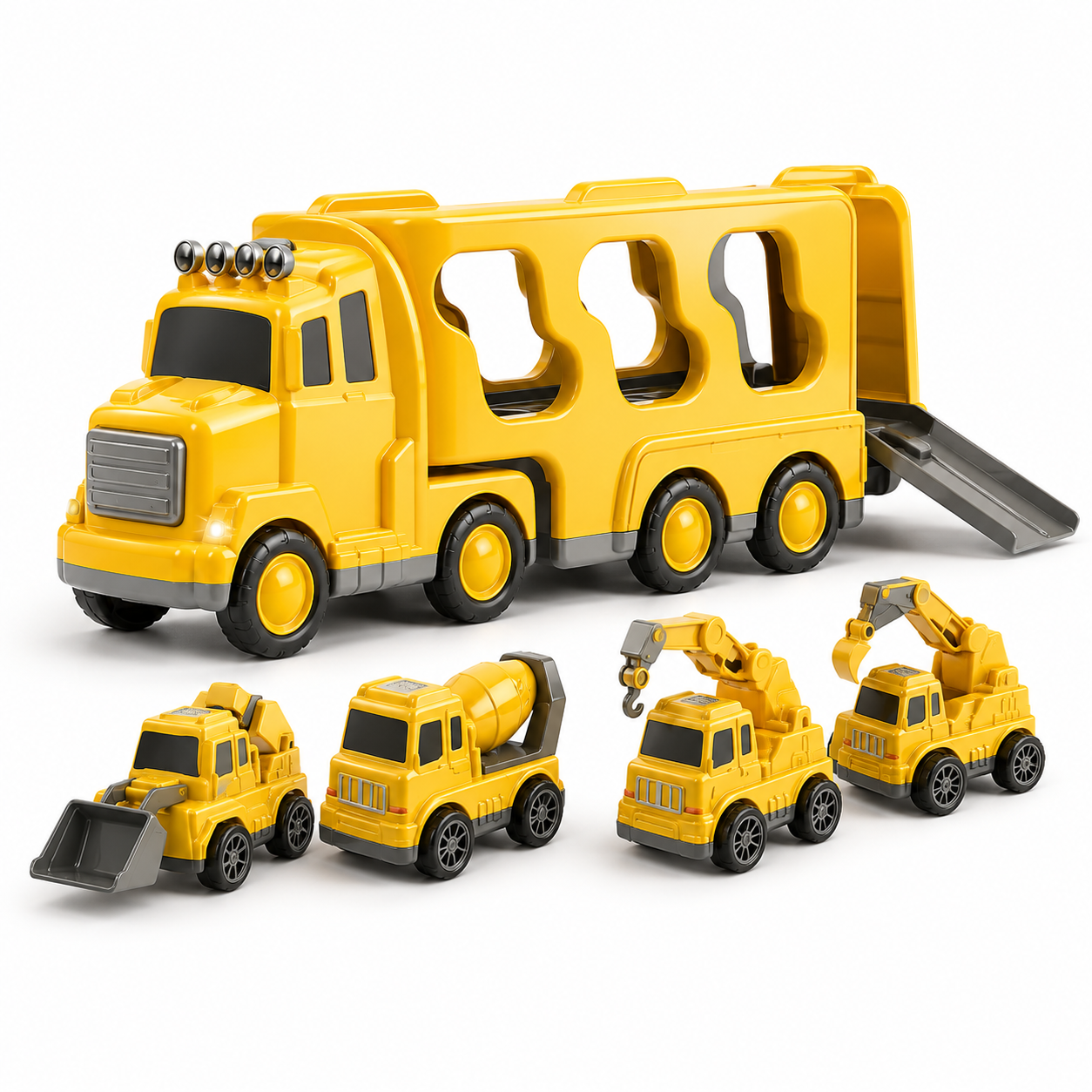 Baustellenfahrzeug-Spielset mit Transporter und Lkw-Fracht