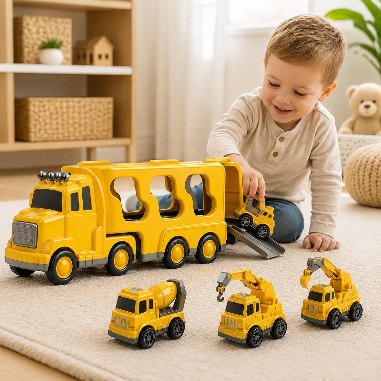 Baustellenfahrzeug-Spielset mit Transporter und Lkw-Fracht
