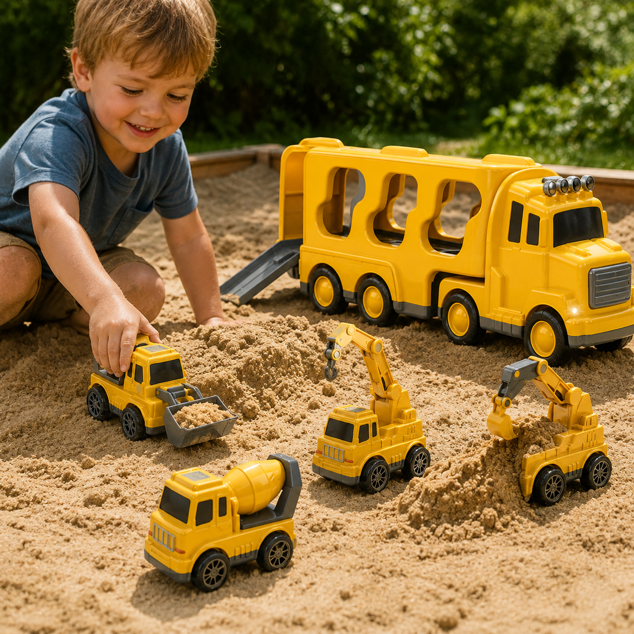 Baustellenfahrzeug-Spielset mit Transporter und Lkw-Fracht