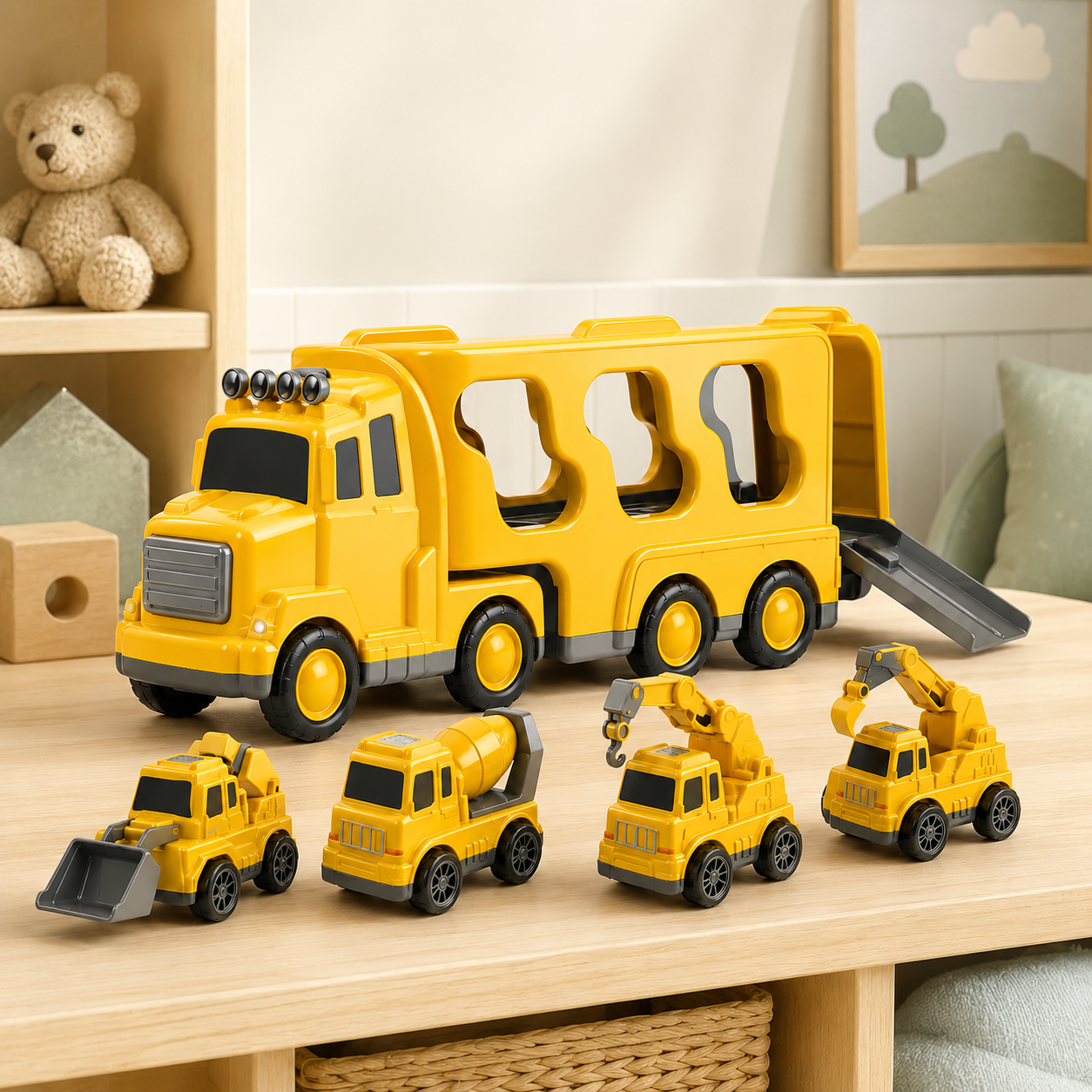 Baustellenfahrzeug-Spielset mit Transporter und Lkw-Fracht