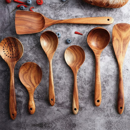 Juego de utensilios de cocina de madera hechos a mano, herramientas de cocina que no rayan