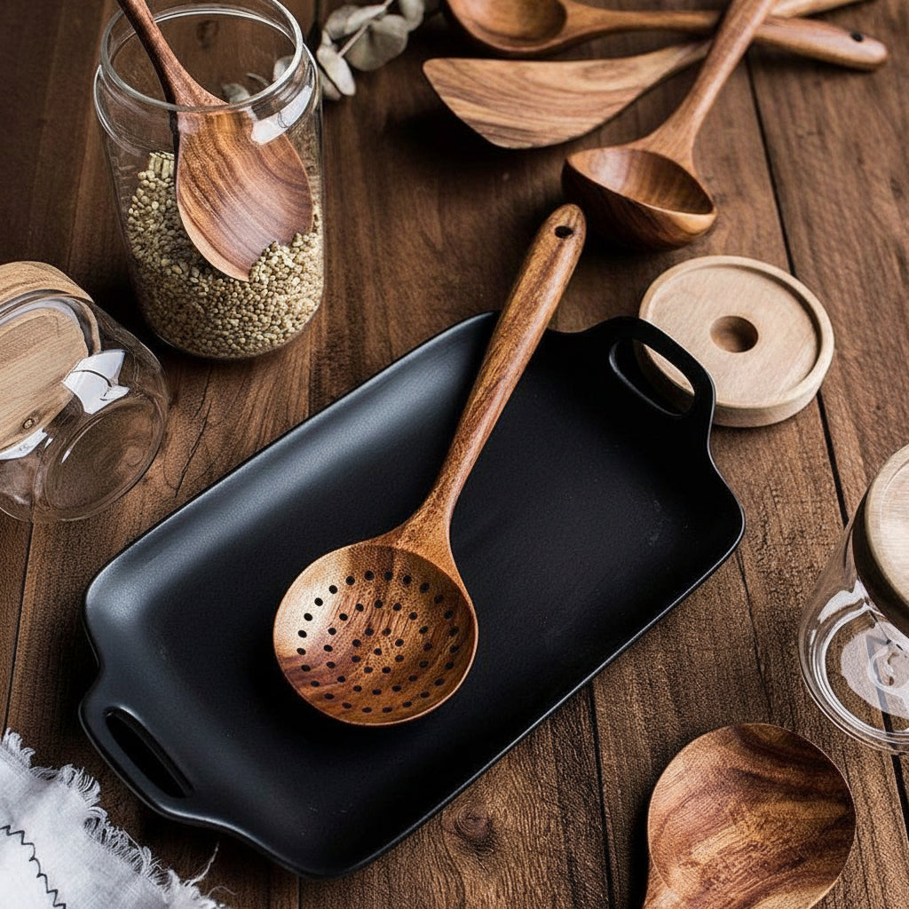Juego de utensilios de cocina de madera hechos a mano, herramientas de cocina que no rayan