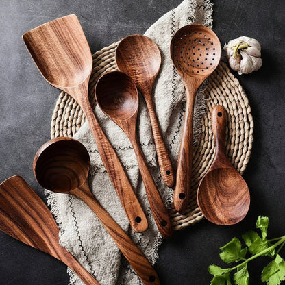 Juego de utensilios de cocina de madera hechos a mano, herramientas de cocina que no rayan