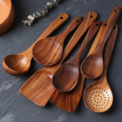 Juego de utensilios de cocina de madera hechos a mano, herramientas de cocina que no rayan