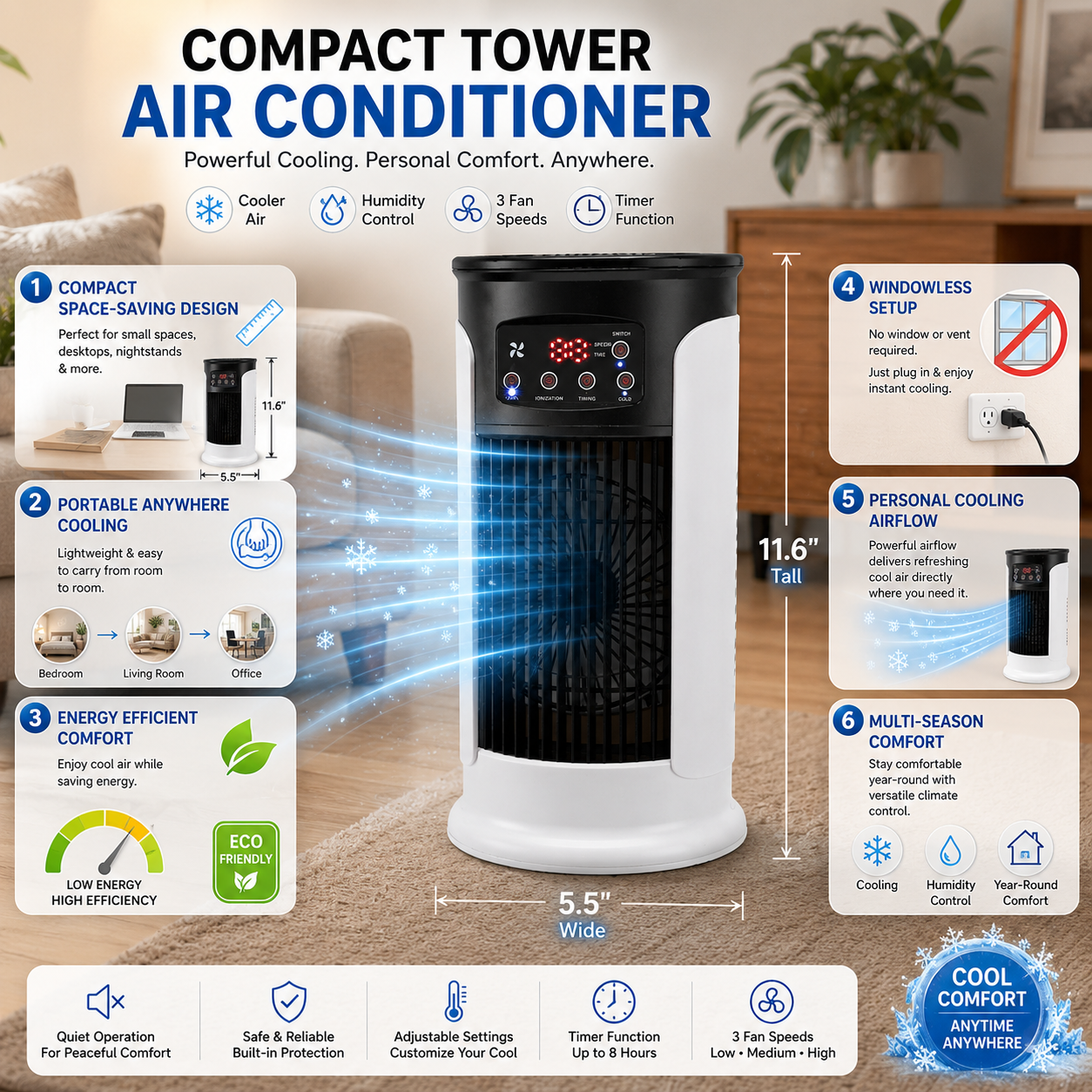 Condizionatore d'aria portatile raffreddante, efficiente dal punto di vista energetico, compatto con raffreddamento evaporativo