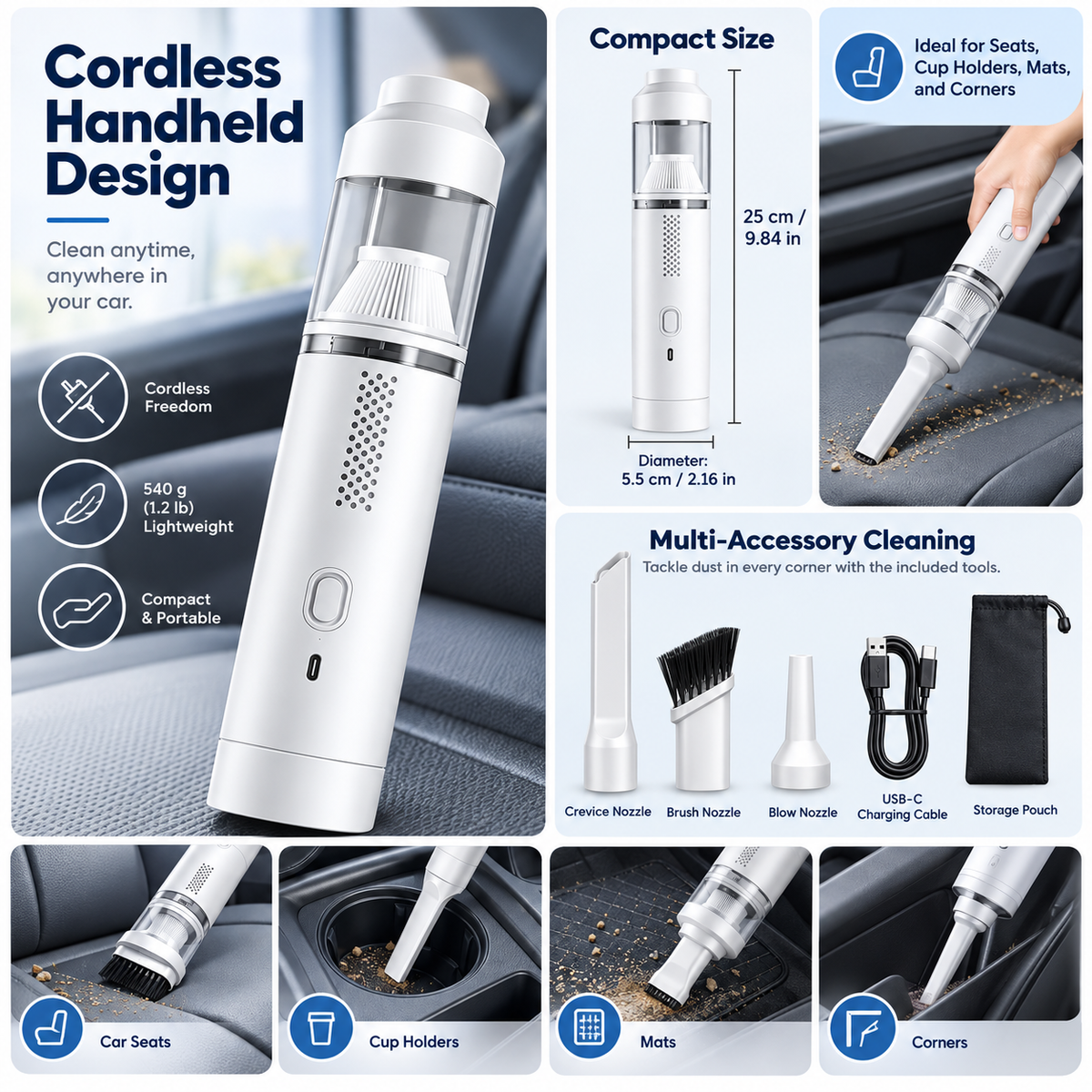 Cordless Car Vacuum Portable Handheld Cleaning Design