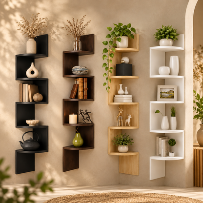 Estantería de pared esquinera, unidad moderna, diseño que ahorra espacio