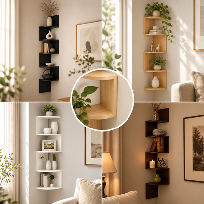 Estantería de pared esquinera, unidad moderna, diseño que ahorra espacio