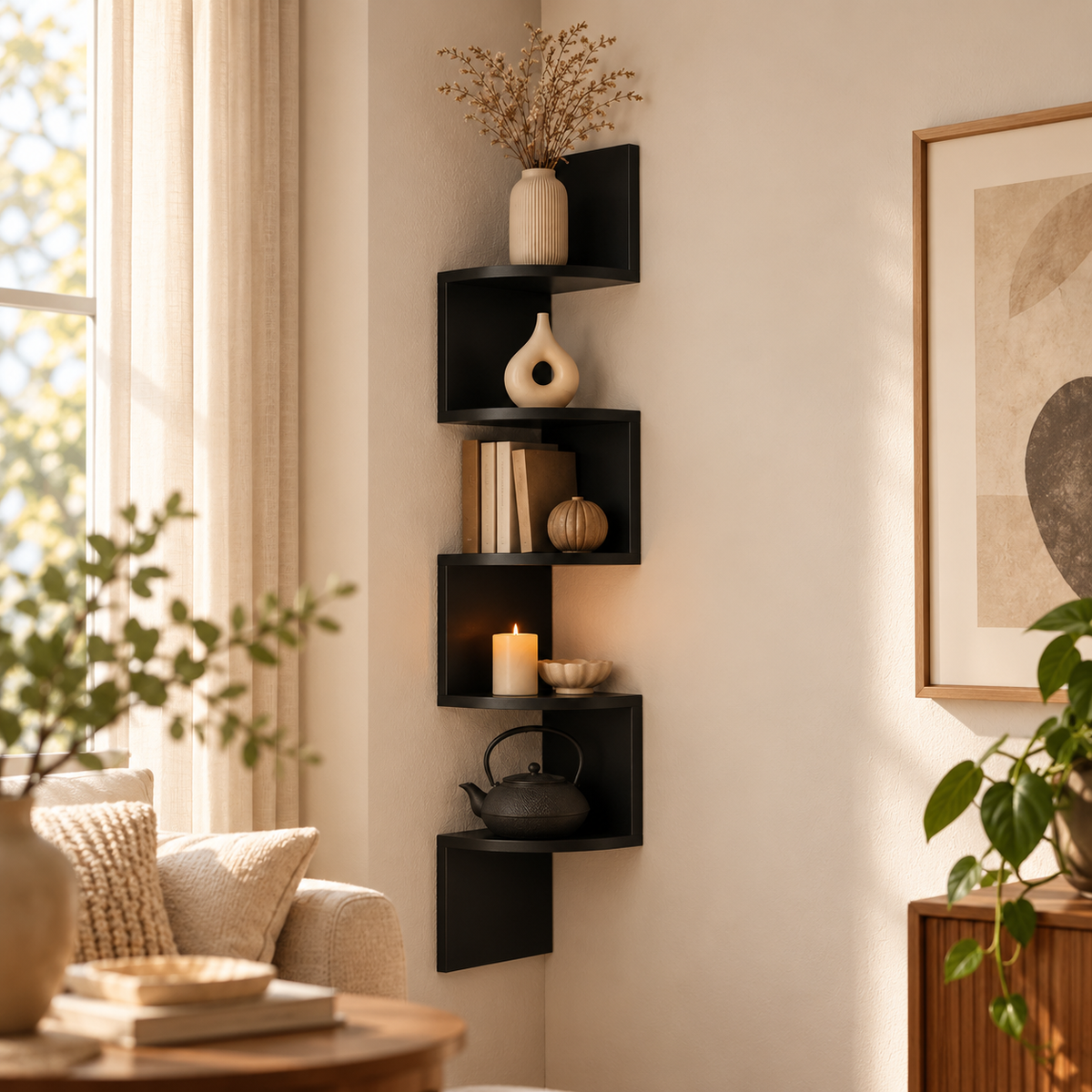 Estantería de pared esquinera, unidad moderna, diseño que ahorra espacio