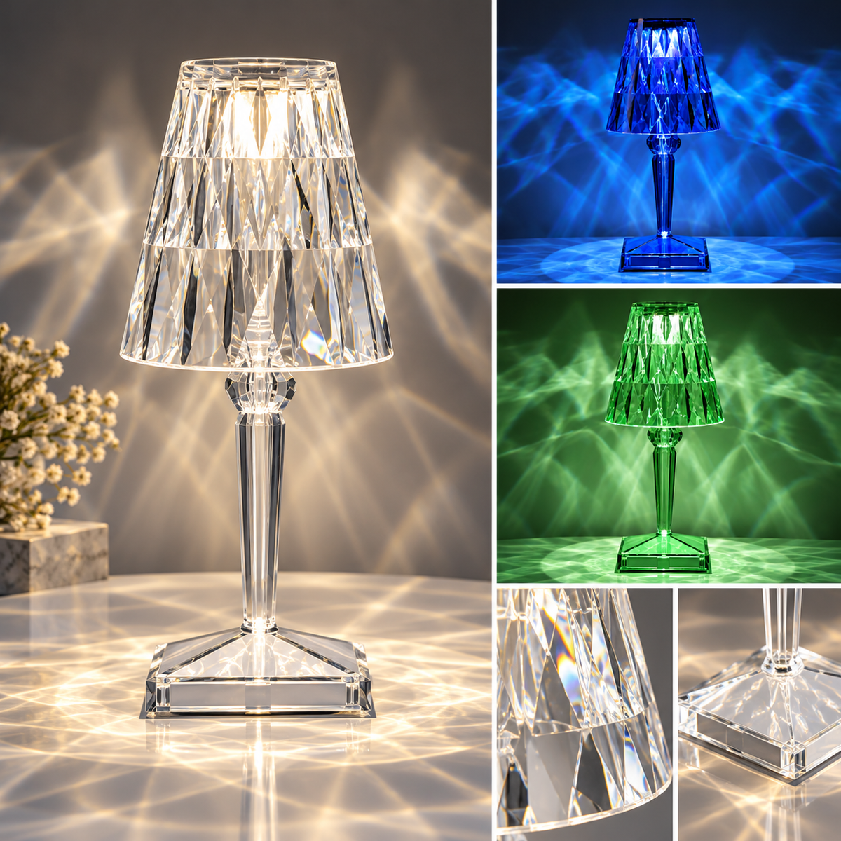 Dekorativ krystalbordlampe med LED, touchstyring og kugleformet fod