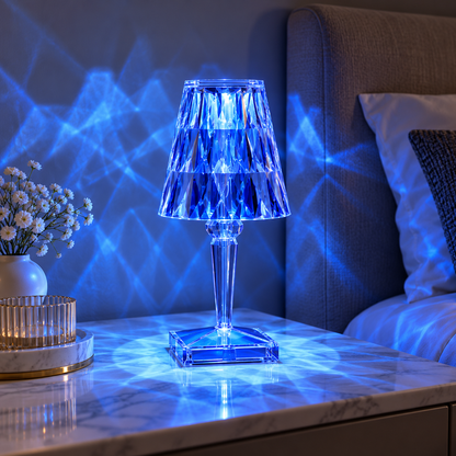 Dekorativ krystalbordlampe med LED, touchstyring og kugleformet fod
