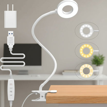 מנורת שולחן עם קליפס, אור קריאה גמיש LED, 3 מצבי צבע