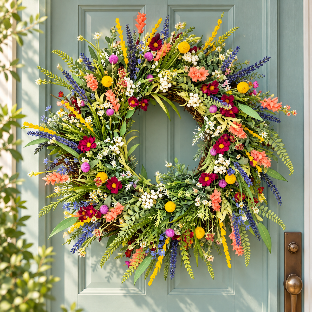 Corona decorativa de flores silvestres primaverales para colgar en la puerta