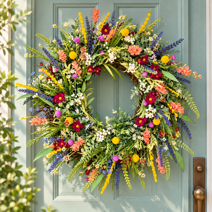 Corona decorativa de flores silvestres primaverales para colgar en la puerta