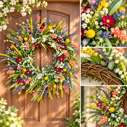 Corona decorativa de flores silvestres primaverales para colgar en la puerta