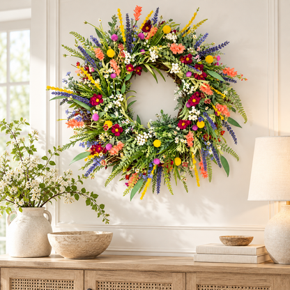 Corona decorativa de flores silvestres primaverales para colgar en la puerta