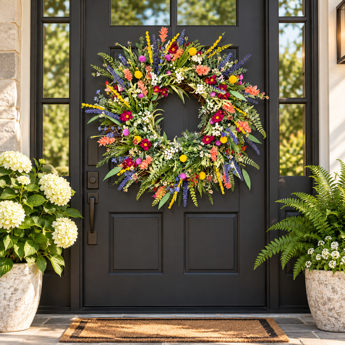 Corona decorativa de flores silvestres primaverales para colgar en la puerta