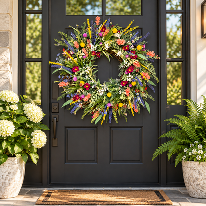 Corona decorativa de flores silvestres primaverales para colgar en la puerta
