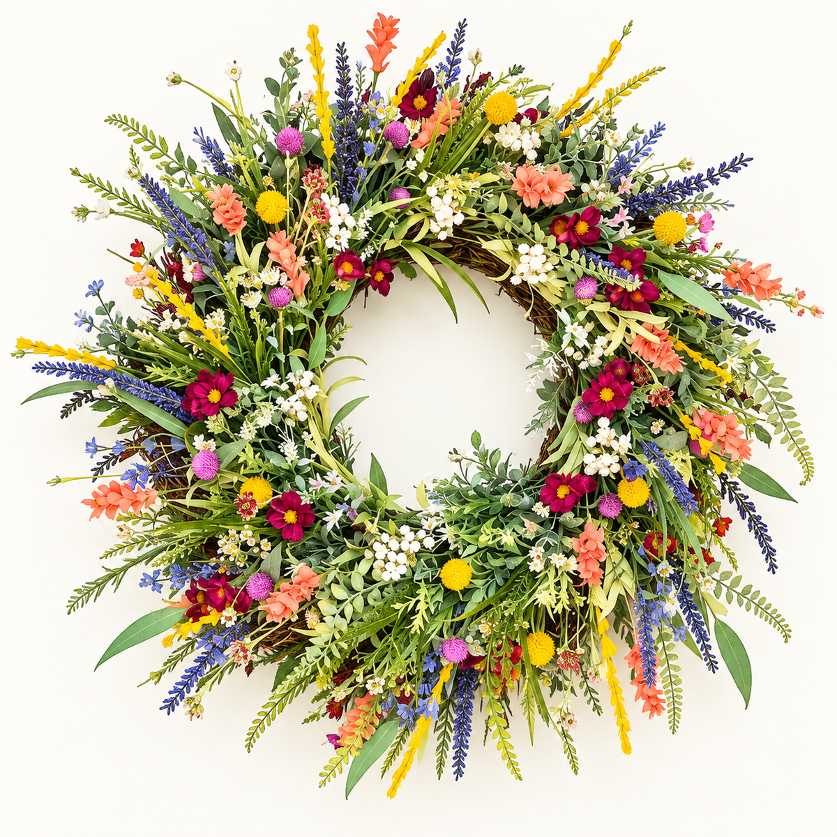Corona decorativa de flores silvestres primaverales para colgar en la puerta