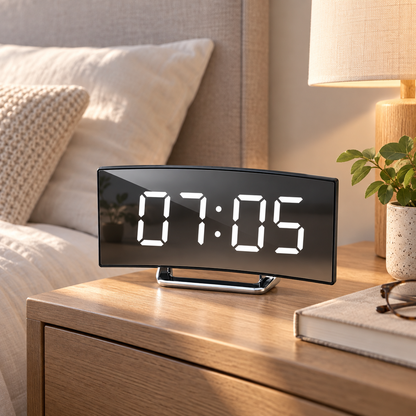 Digitaler Wecker mit LED-Spiegel und gebogenem Display