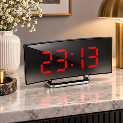 Digitaler Wecker mit LED-Spiegel und gebogenem Display